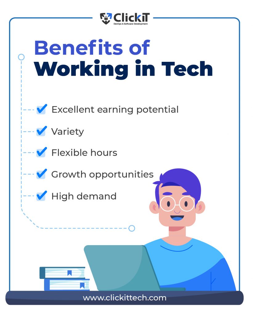 List of the benefits of working in tech industry, form Excellent earning potential, Flexible hours to Growth opportunities.