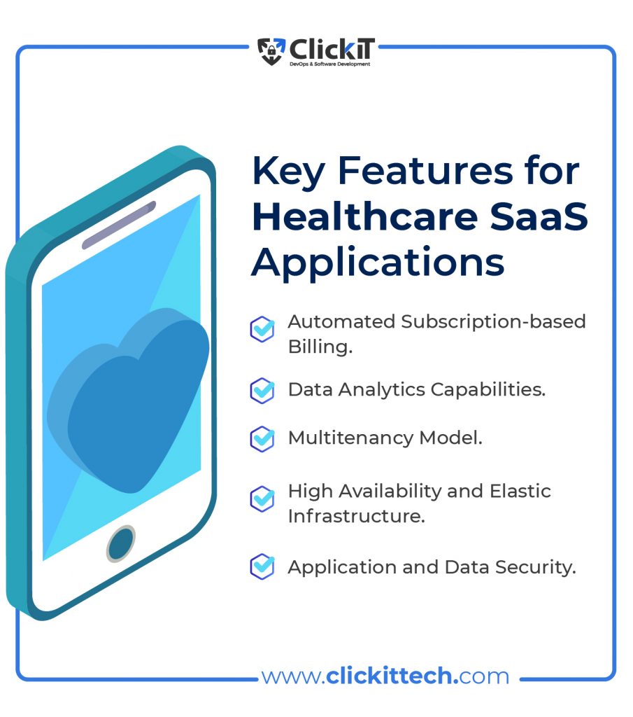 Key Features for Healthcare SaaS Applications Key Features for Healthcare SaaS
Automated Subscription-based Billing
Data Analytics Capabilities
Multitenancy Model
High Availability and Elastic Infrastructure
Application and Data Security