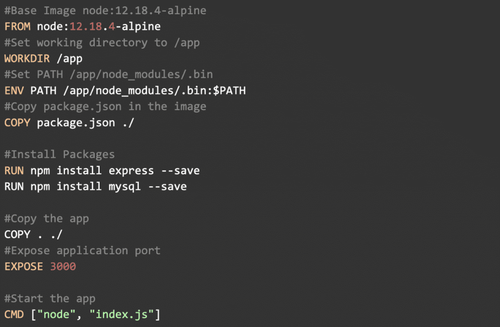 #Base Image node:12.18.4-alpine
FROM node:12.18.4-alpine
#Set working directory to /app
WORKDIR /app
#Set PATH /app/node_modules/.bin
ENV PATH /app/node_modules/.bin:$PATH
#Copy package.json in the image
COPY package.json ./

#Install Packages
RUN npm install express --save
RUN npm install mysql --save

#Copy the app
COPY . ./
#Expose application port
EXPOSE 3000

#Start the app
CMD ["node", "index.js"]
