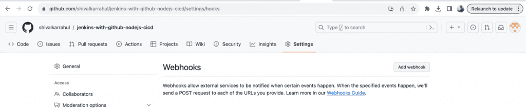 Proceed to click on "Add webhook.