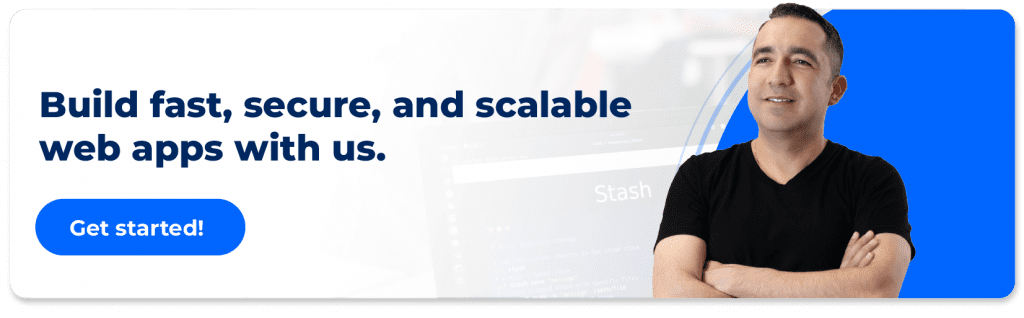 call to action with the text of build fast, secure and scalable web apps with ClickIT with a developer