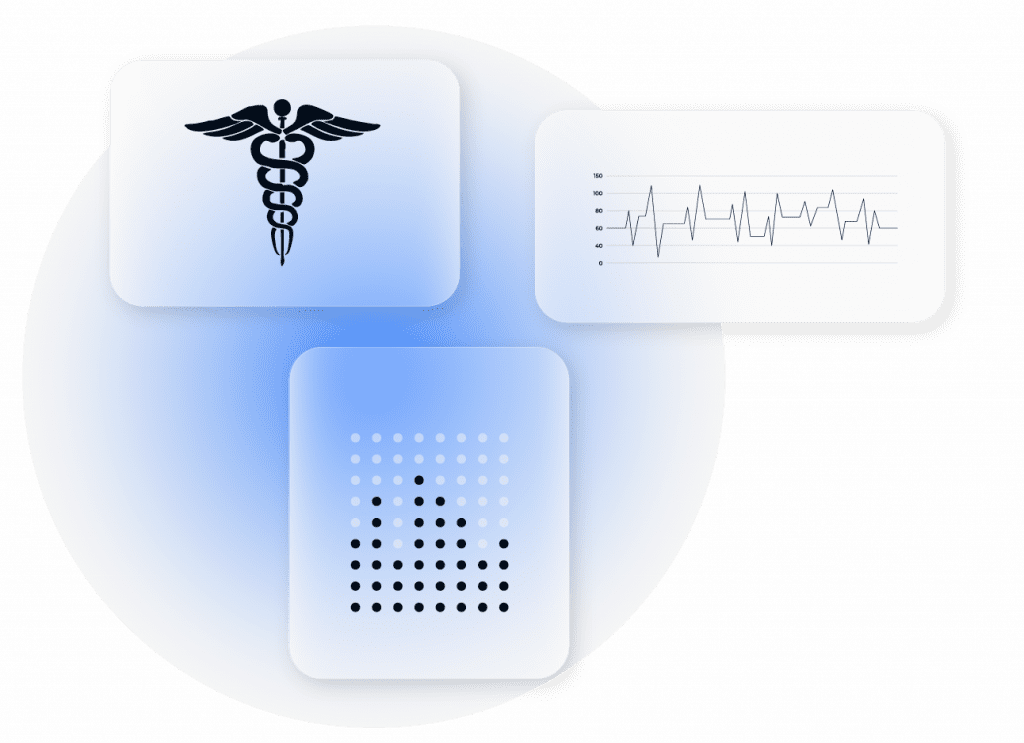 Healthcare-themed UI cards showing a medical symbol, heart rate graph, and data visualization
