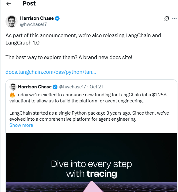 screen shot of a user in X about the releasing  of LangChain and langGraph 1.0