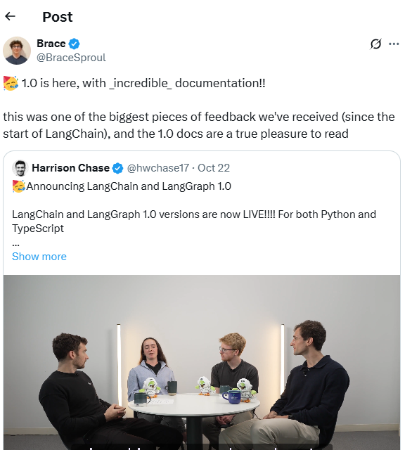 screen shot of a comment in X announcing langchain 1.0