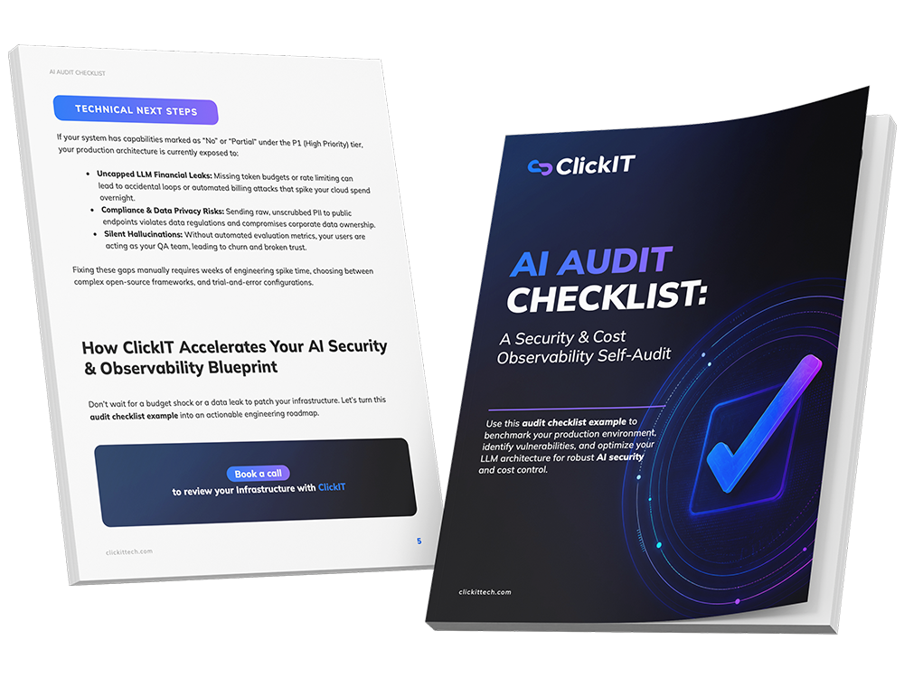 AI Audit Checklist mockup showing the cover and an interior page with technical next steps for AI security, cost observability, and infrastructure optimization