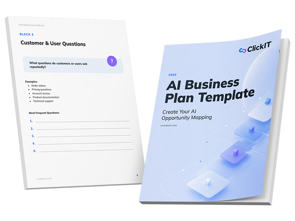 AI Business Plan Template mockup showing the cover and an interior page with customer and user questions for AI opportunity mapping